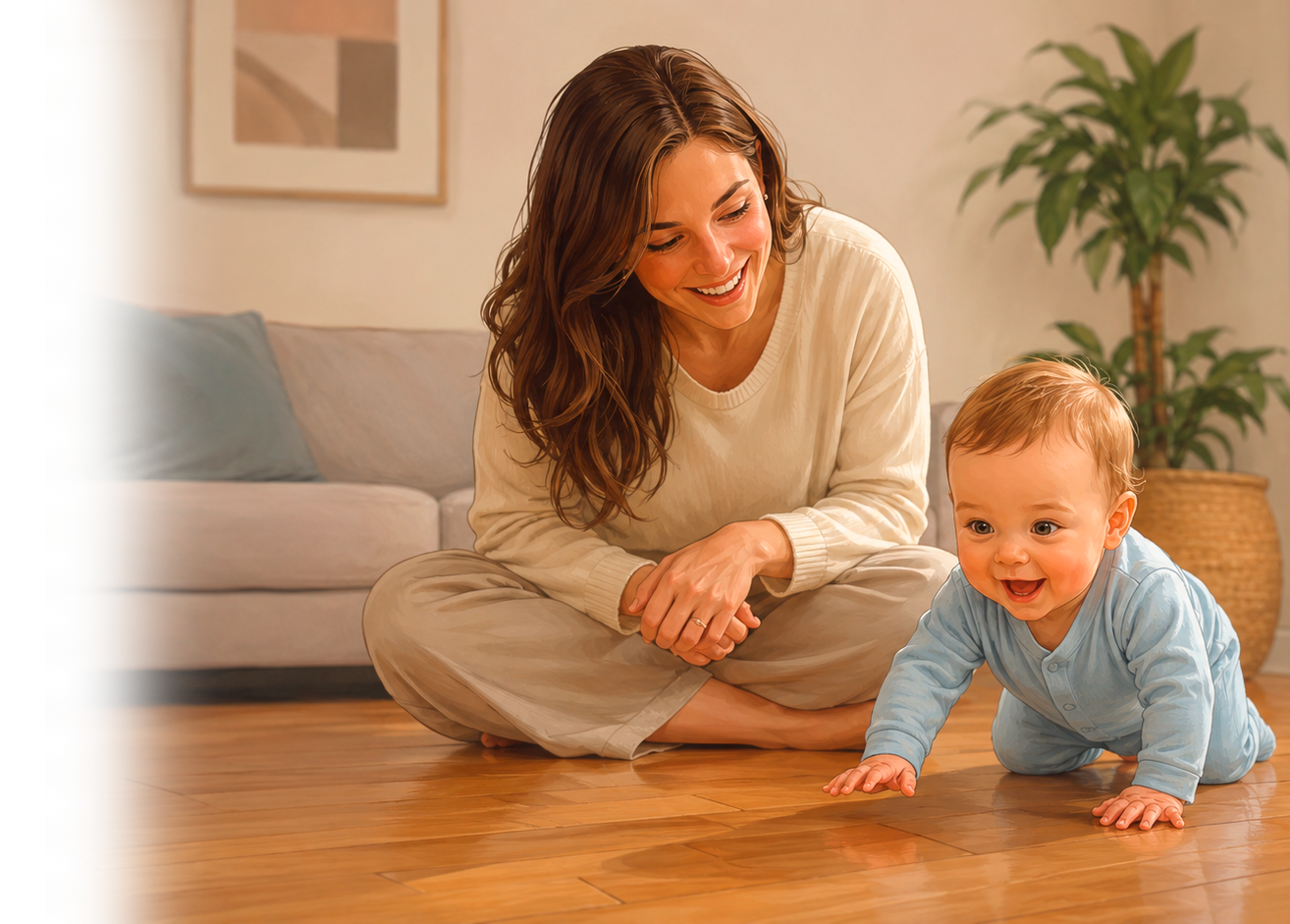 Mãe sorrindo com bebê engatinhando na sala